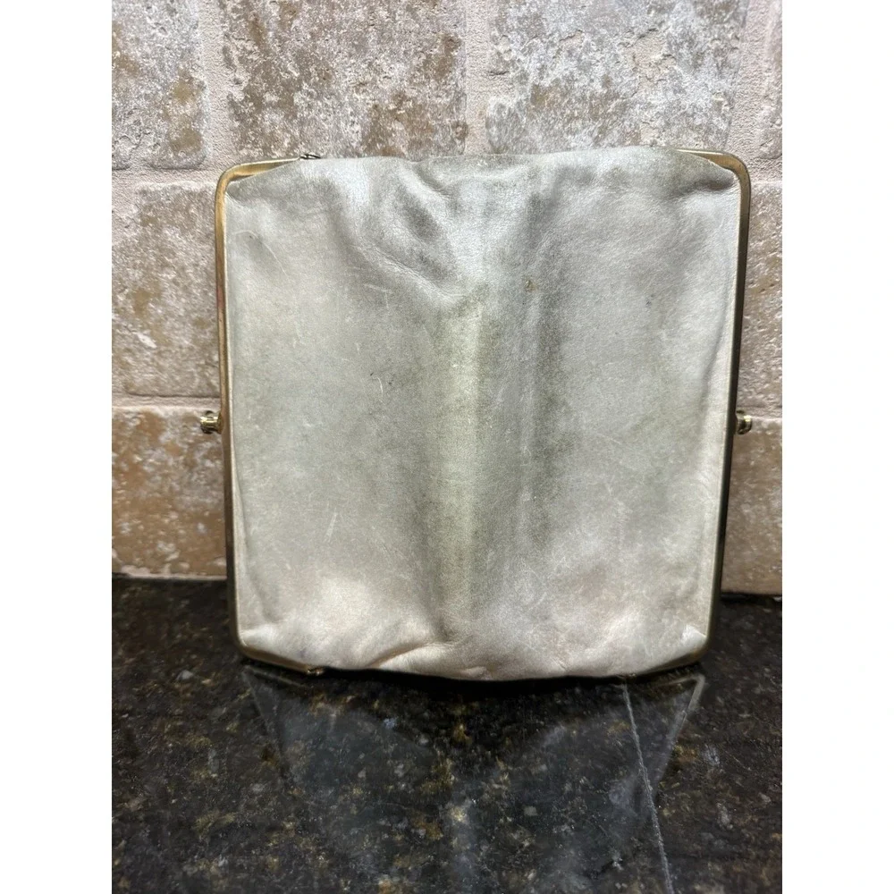 Hobo International‎ Double Kisslock Wallet Silver Gray Glazed Leather Clutch
